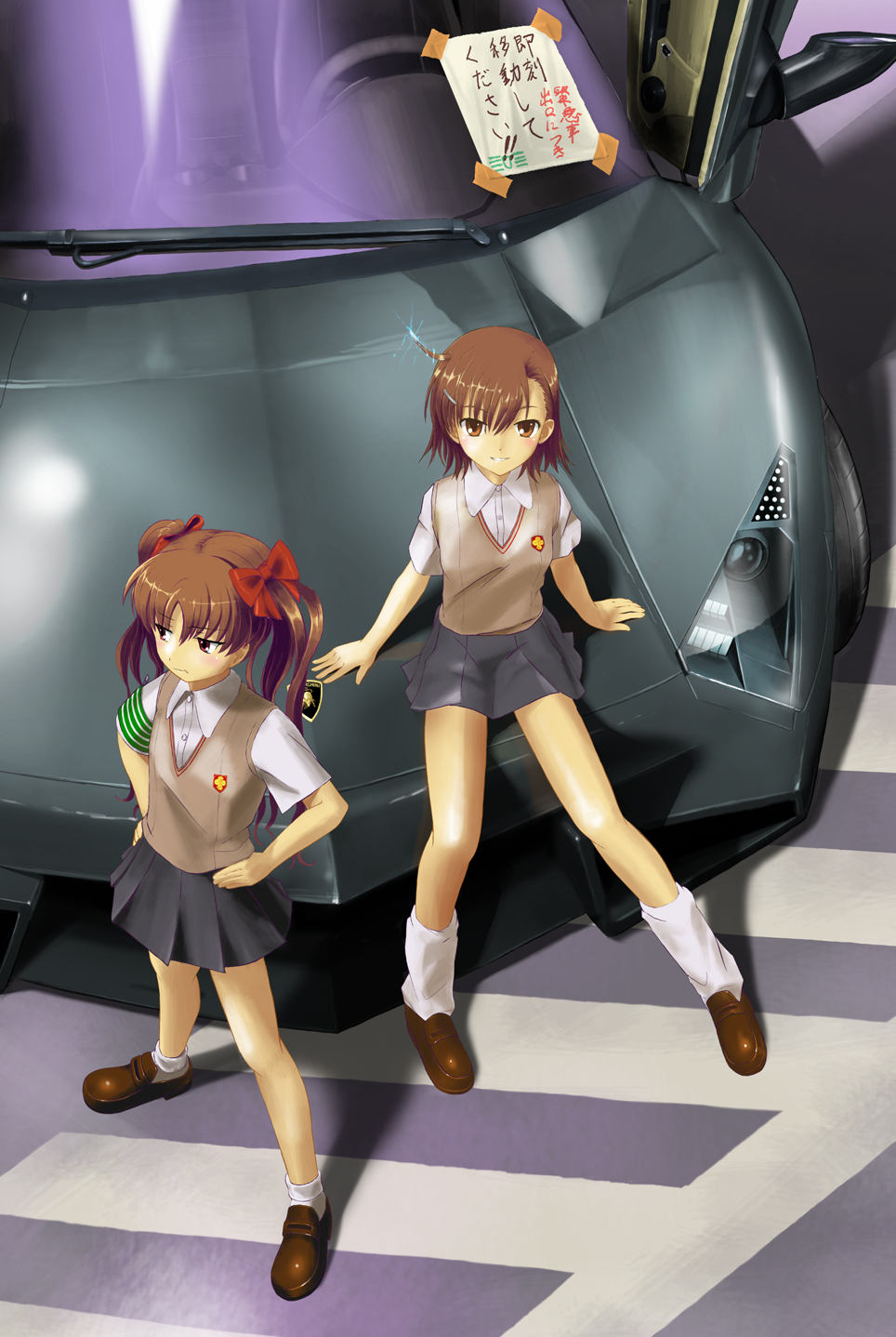 ahoge, aquakurow, armband, biribiri, bow, brown_eyes, brown_hair, car