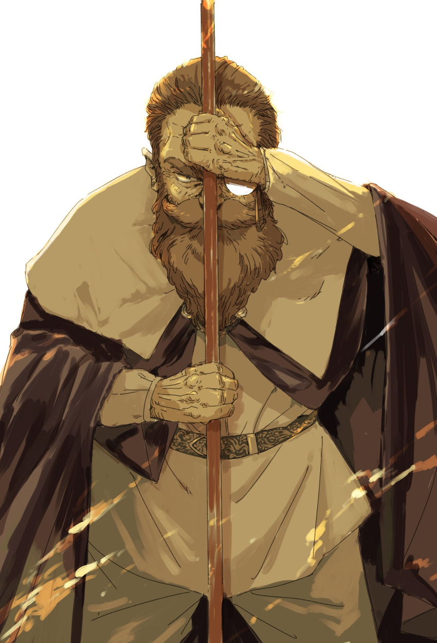 1boy, beard, belt, cape, commentary, cowboy_shot, denken_(sousou_no_frieren), facial_hair