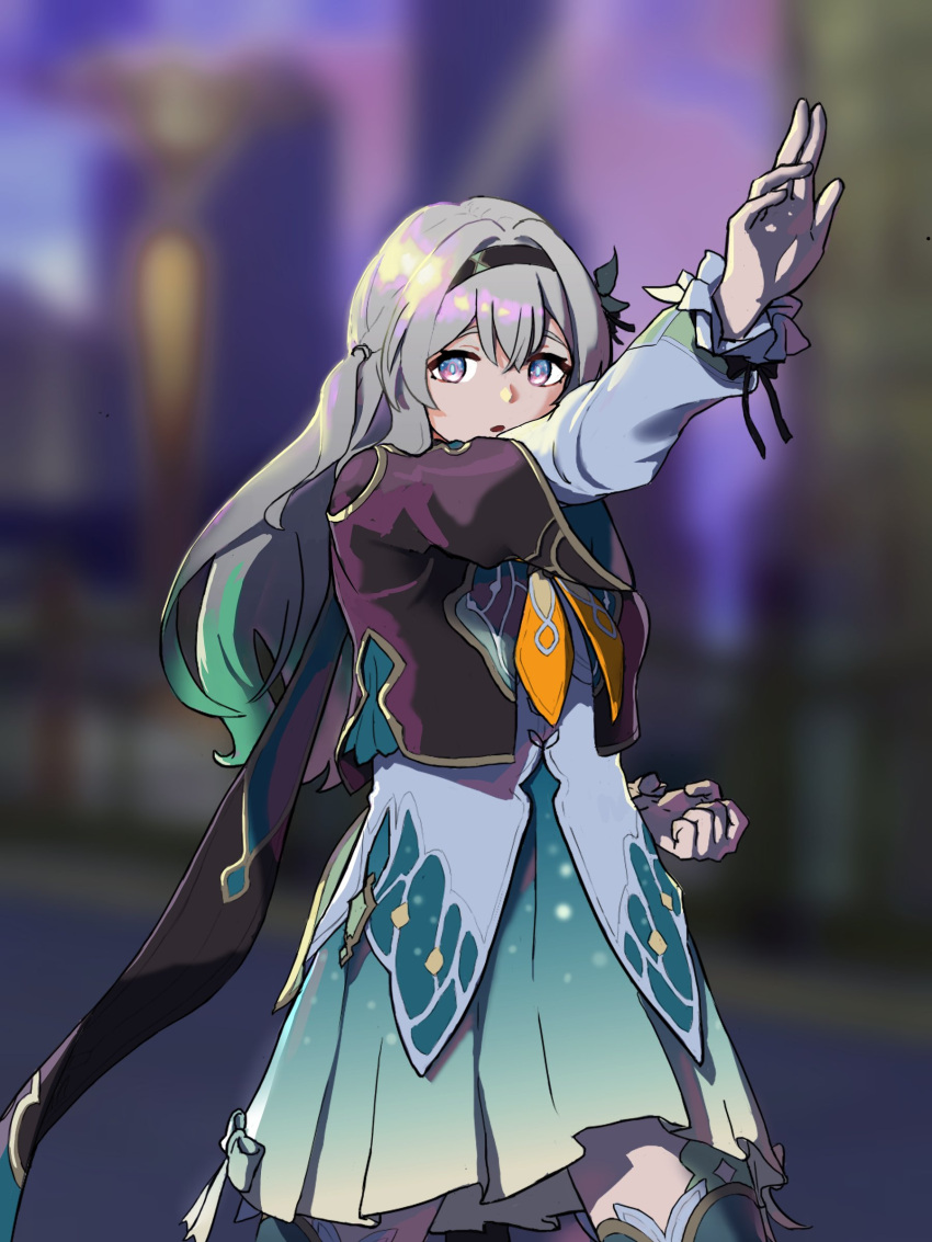 1girl, absurdres, arm_up, black_hairband, black_jacket, blue_eyes, blue_pupils, blurry, blurry_background, clenched_hand, connie-chihuahua, cowboy_shot, cropped_jacket, firefly_(honkai:_star_rail), floating_hair, gradient_hair, green_hair, green_skirt, green_thighhighs, grey_hair, hair_between_eyes, hair_intakes, hairband, henshin_pose, highres, honkai:_star_rail, honkai_(series), index_finger_raised, jacket, legs_apart, long_hair, long_sleeves, looking_at_viewer, multicolored_hair, neckerchief, open_mouth, orange_neckerchief, outstretched_arm, pleated_skirt, sidelocks, skirt, solo, thigh-highs, thighs, zettai_ryouiki
