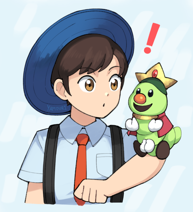 !, 2boys, backpack, bag, blue_background, brown_eyes, brown_hair, collared_shirt