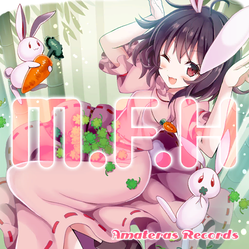 1girl, album_cover, amateras_records, animal_ears, arms_up, bamboo, bamboo_forest, black_hair, carrot, carrot_necklace, circle_name, clover, cover, dress, floppy_ears, forest, four-leaf_clover, frilled_sleeves, frills, game_cg, givuchoko, inaba_tewi, jewelry, long_dress, nature, necklace, official_art, one_eye_closed, open_mouth, pink_dress, puffy_short_sleeves, puffy_sleeves, rabbit, rabbit_ears, rabbit_girl, rabbit_pose, rabbit_tail, red_eyes, ribbon-trimmed_dress, short_hair, short_sleeves, smile, solo, tail, touhou, touhou_cannonball, wavy_hair