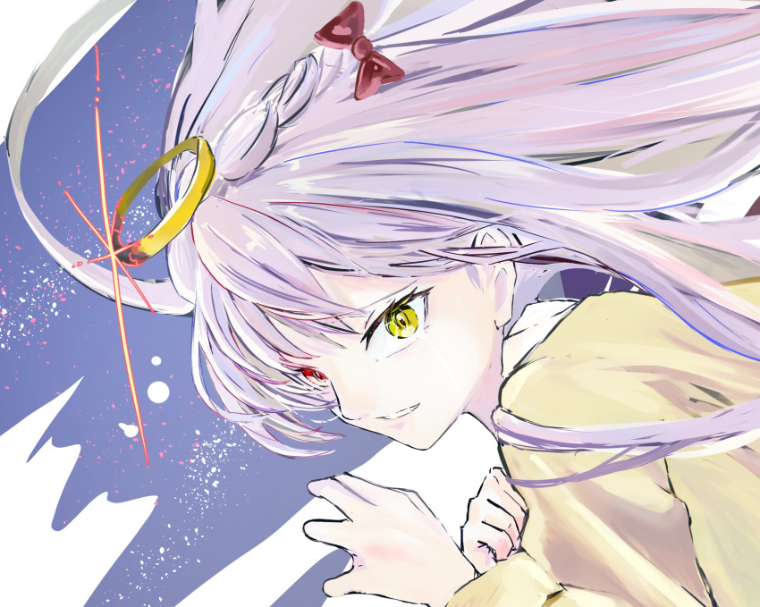 1girl, angel, angel_chan_(tuyu), angry, as_(user_ykgt8787), blue_background, blunt_bangs, braid