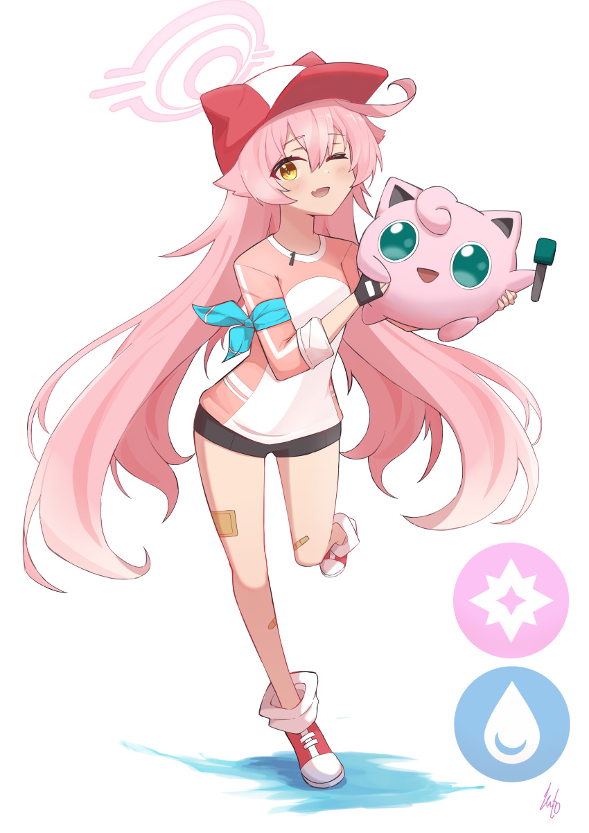 1girl, absurdres, ahoge, black_shorts, blue_archive, blush, crossover, fang
