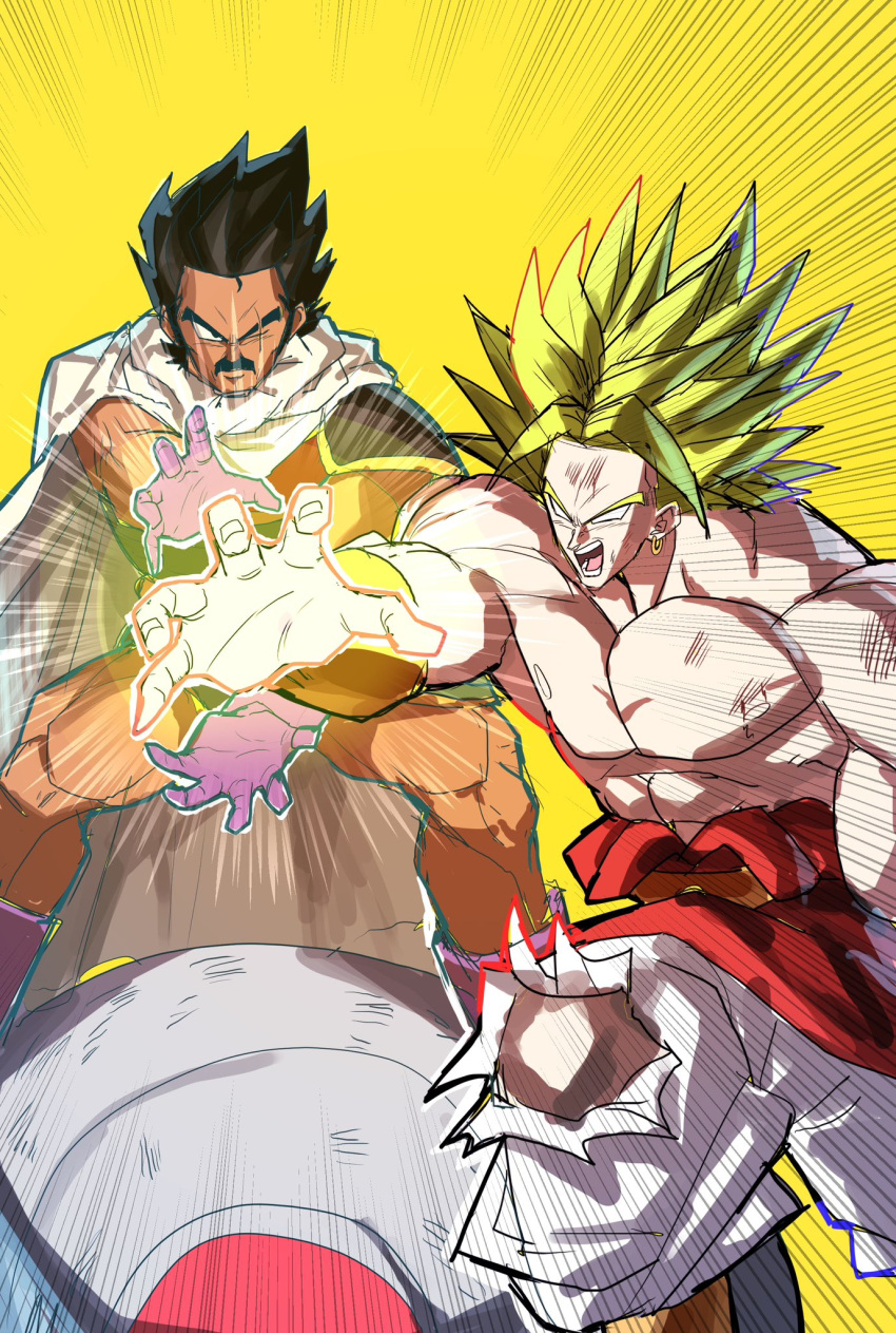 2boys, armor, black_eyes, black_hair, broly_(dragon_ball_z), cape, dark-skinned_male, dark_skin