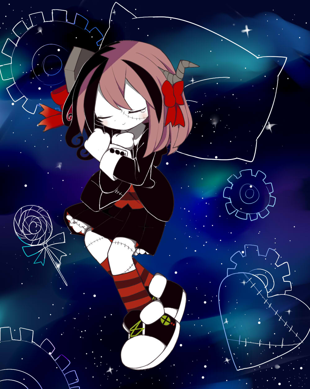 1girl, black_footwear, black_hair, black_jacket, black_skirt, candy, child, clenched_hands