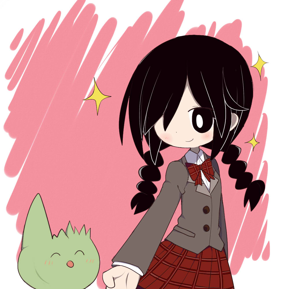 1girl, animal, black_eyes, black_hair, bow, bowtie, braid, bright_pupils