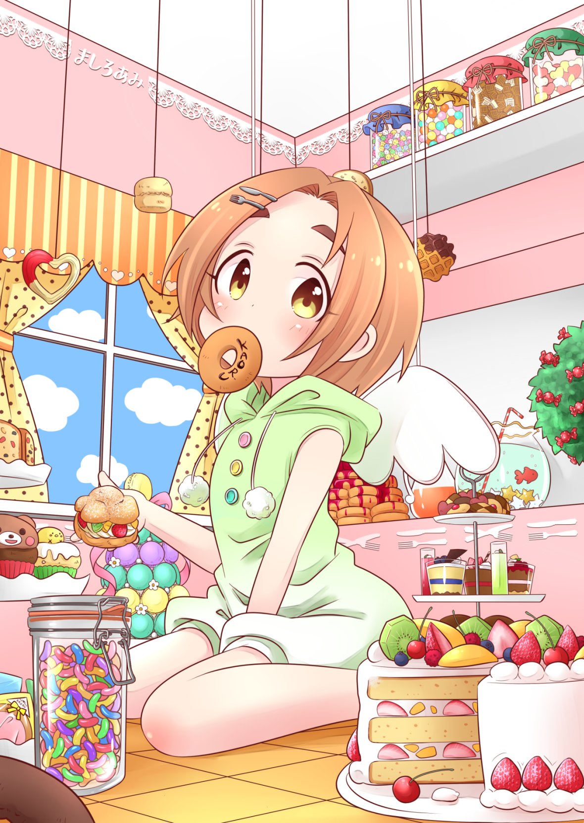 1girl, bare_shoulders, blue_sky, blueberry, blush, brown_hair, cake, candy
