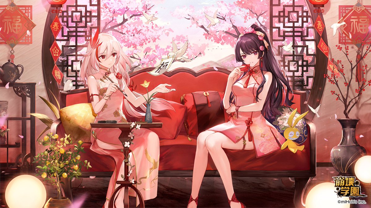 2girls, benghuai_xueyuan, calligraphy_brush, cherry_blossoms, china_dress, chinese_clothes, chinese_new_year, cleavage_cutout