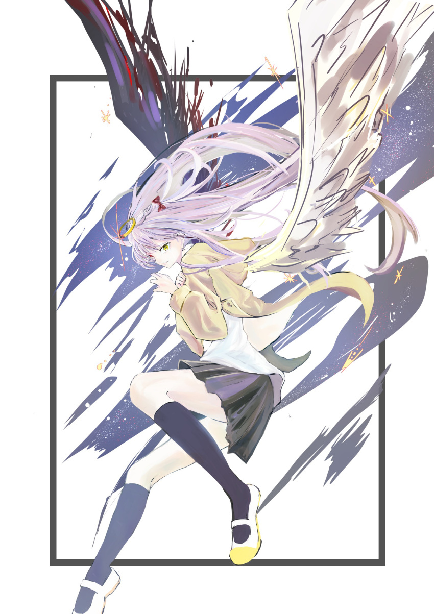 1girl, angel, angel_chan_(tuyu), angel_wings, angry, as_(user_ykgt8787), black_skirt, black_socks