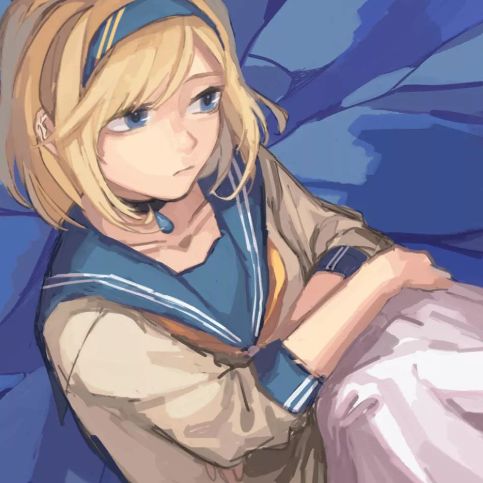 1girl, arms_on_knees, black_choker, blonde_hair, blue_background, blue_eyes, blue_headband, blue_sailor_collar, blunt_bangs, bob_cut, brown_serafuku, choker, closed_mouth, commentary, crossed_arms, from_above, from_side, hair_between_eyes, headband, light_blue_background, looking_ahead, namikare_(tuyu), neckerchief, nose, sailor_collar, school_uniform, serafuku, sitting, skirt, solo, solo_focus, tuyu_(band), water_drop, white_skirt, yellow_neckerchief, yuugurin