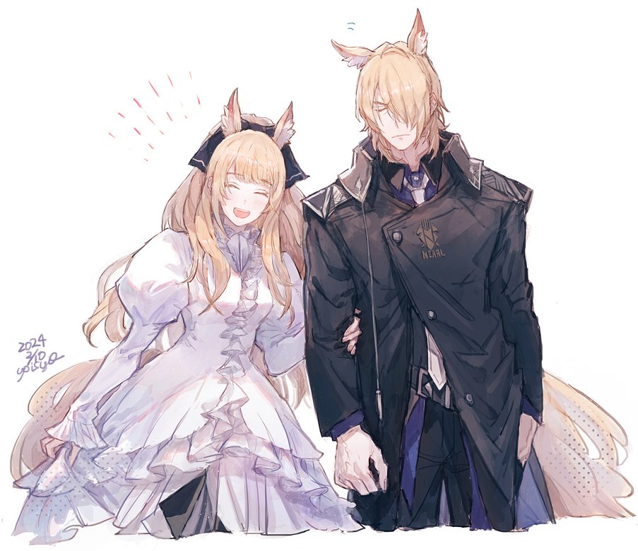 1boy, 1girl, animal_ear_fluff, animal_ears, arknights, black_coat, black_pants, blemishine_(arknights)