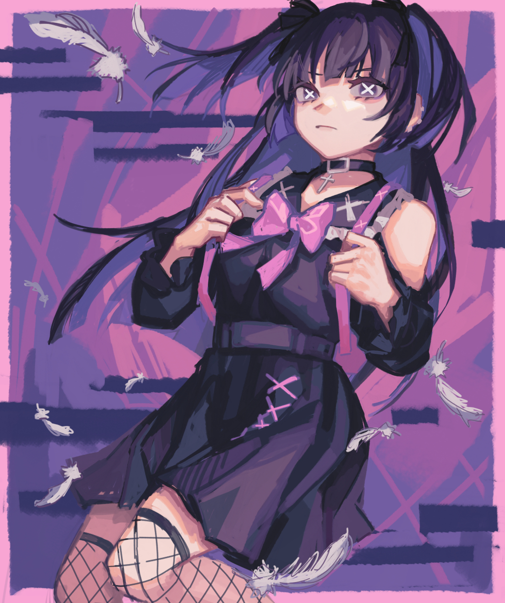 1girl, belt, black_dress, black_skirt, choker, closed_mouth, commentary, cowboy_shot