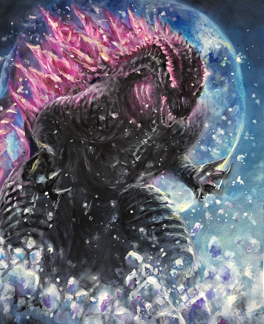 absurdres, bioluminescence, claws, elbow_spikes, evolved_godzilla, fangs, g.n.a, giant, giant_monster, gills, glowing, glowing_mouth, godzilla, godzilla_(monsterverse), godzilla_(series), godzilla_x_kong_:_the_new_empire, highres, jaw, kaijuu, long_tail, monster, monsterverse, no_humans, open_mouth, pink_eyes, reptile, reptilian, scales, sharp_teeth, solo, spiked_tail, spines, tail, teeth
