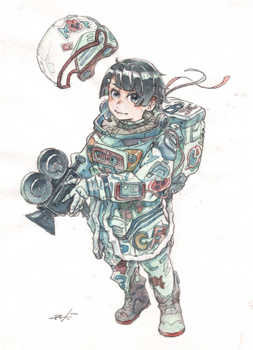 1girl, alternate_costume, alternate_hair_length, alternate_hairstyle, astronaut, backpack, bag, black_eyes