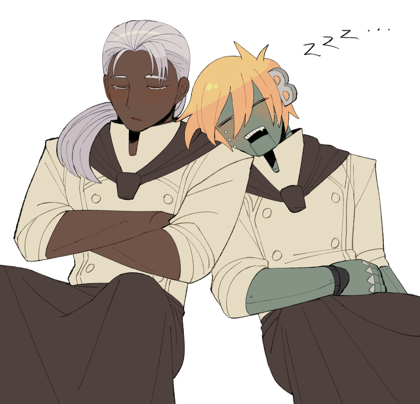 2boys, absurdres, blonde_hair, closed_eyes, clothed_robot, dark-skinned_male, dark_skin, guilty_gear, guilty_gear_xrd, highres, humanoid_robot, kimlambdoll, long_hair, male_focus, metal_skin, multiple_boys, robo-ky, robot, short_hair, venom_(guilty_gear), white_hair