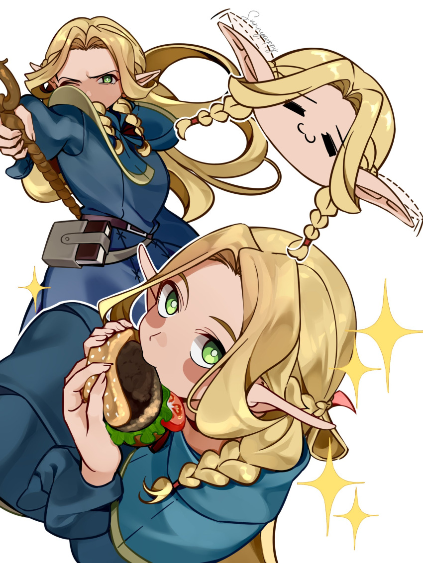 1girl, absurdres, blonde_hair, braid, burger, dungeon_meshi, eating, elf