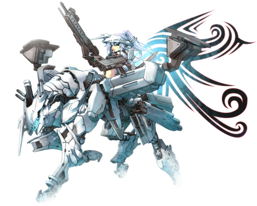 dual_wielding, grey_hair, gun, mecha, mecha_musume, ponytail, riding, roke, visor, weapon, white_glint