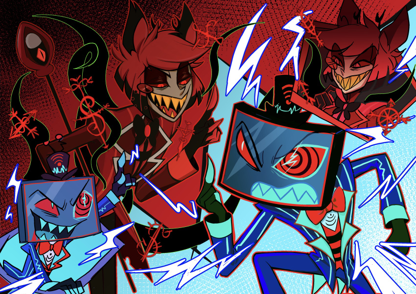 2boys, absurdres, alastor_(hazbin_hotel), animal_ears, black_headwear, blue_teeth, bow, bowtie