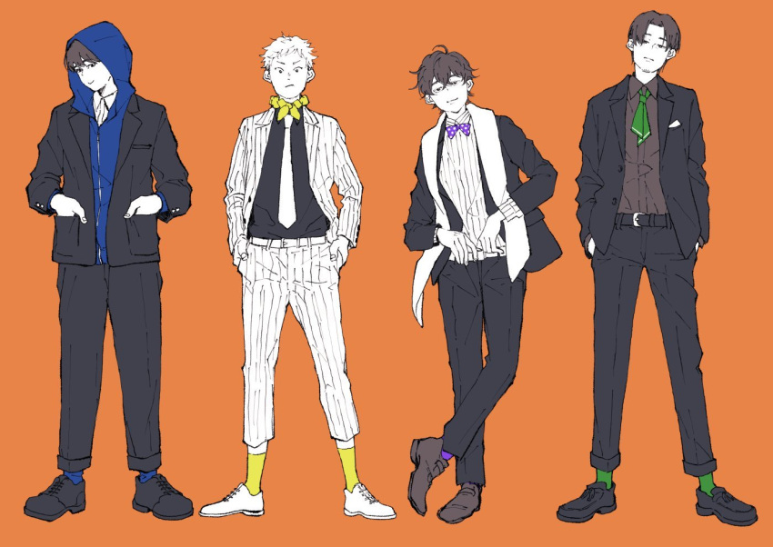 4boys, alternate_costume, bandana, bandana_around_neck, blue_hoodie, blue_socks, bored, bow, bowtie, closed_mouth, collared_shirt, curtained_hair, dress_pants, dress_shirt, dress_shoes, facial_hair, full_body, goatee_stubble, green_neckerchief, green_socks, greyscale_with_colored_background, hacchi_(napoli_no_otokotachi), half-closed_eyes, hands_in_pockets, head_tilt, hood, hood_up, hoodie, jack-o'_ran-tan, jacket, jacket_over_hoodie, leaning_to_the_side, light_smile, lineup, loafers, long_sleeves, looking_at_viewer, male_focus, multiple_boys, mutsu_umi, napoli_no_otokotachi, neckerchief, necktie, open_clothes, open_jacket, orange_background, oxfords, pinstripe_pattern, pinstripe_shirt, pinstripe_suit, polka_dot_bowtie, purple_bow, purple_bowtie, purple_socks, serious, shirt, shoes, short_hair, shu3_(napoli_no_otokotachi), smile, socks, spot_color, standing, standing_on_one_leg, stole, stubble, sugiru_(napoli_no_otokotachi), suit, suit_jacket, v-shaped_eyebrows, yellow_bandana, yellow_socks