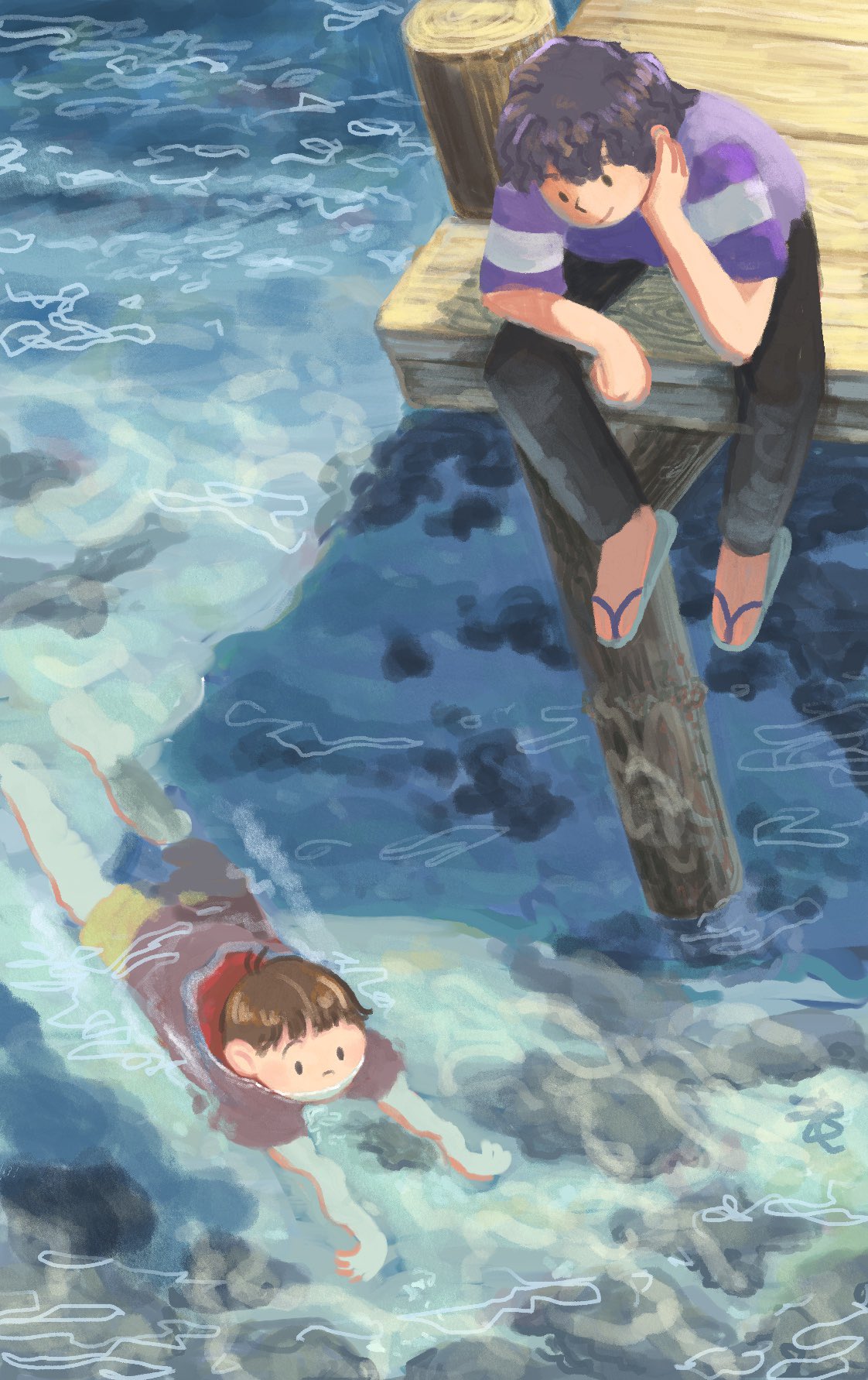 2boys, black_pants, boku_(boku_no_natsuyasumi), boku_no_natsuyasumi, brown_hair, crossover, day, flip-flops