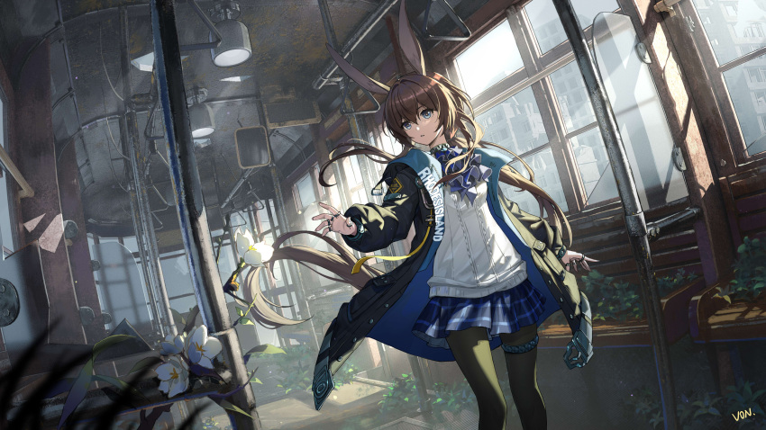 1girl, absurdres, amiya_(arknights), animal_ears, arknights, black_coat, black_pantyhose, blender_(medium)