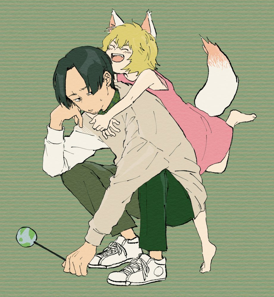 1boy, 1girl, animal_ears, black_eyes, black_hair, blonde_hair, blush, brown_sweater, curtained_hair, dress, facial_hair, fang, fox_ears, fox_tail, full_body, furrowed_brow, goatee_stubble, green_background, green_pants, green_shirt, hacchi_(napoli_no_otokotachi), hand_on_own_cheek, hand_on_own_face, holding, holding_wand, hug, hug_from_behind, long_sleeves, looking_at_another, looking_back, mutsu_umi, napoli_no_otokotachi, open_mouth, pants, pele_(napoli_no_otokotachi), pink_dress, plaid, plaid_shirt, shirt, shirt_under_sweater, shoes, short_hair, slav_squatting, smile, sneakers, squatting, striped_background, stubble, sweatdrop, sweater, tail, tiptoes, wand