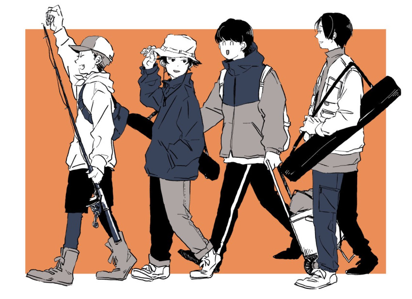 4boys, ^_^, alternate_costume, backpack, bag, bandana_around_neck, baseball_cap, boots