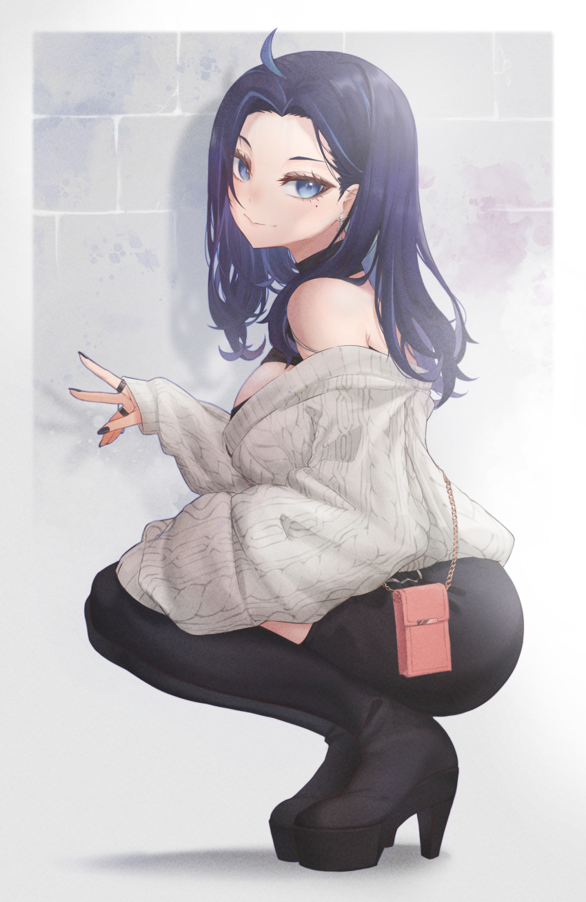 1girl, a9_(repainter), absurdres, ahoge, black_footwear, black_nails, black_shirt, black_shorts