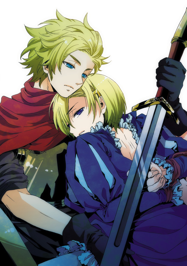 blonde_hair, bound_wrists, denmark_(hetalia), hug, looking_back, norway_(hetalia), short_hair, sword
