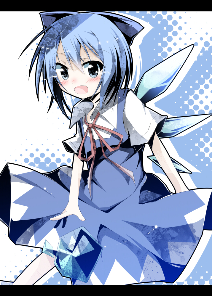 1girl, blue_bow, blue_dress, blue_eyes, blue_hair, blush, bow, cirno