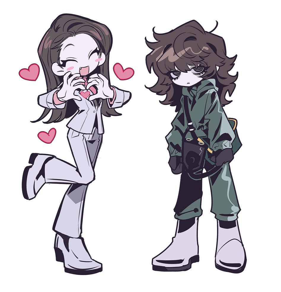 2girls, @_@, ^_^, animification, black_eyes, boots, brown_hair, closed_eyes