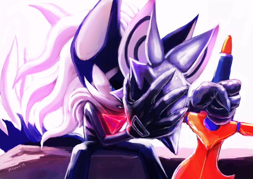 1boy, black_gloves, blue_eyes, gloves, holding, holding_mask, holding_sword, holding_weapon
