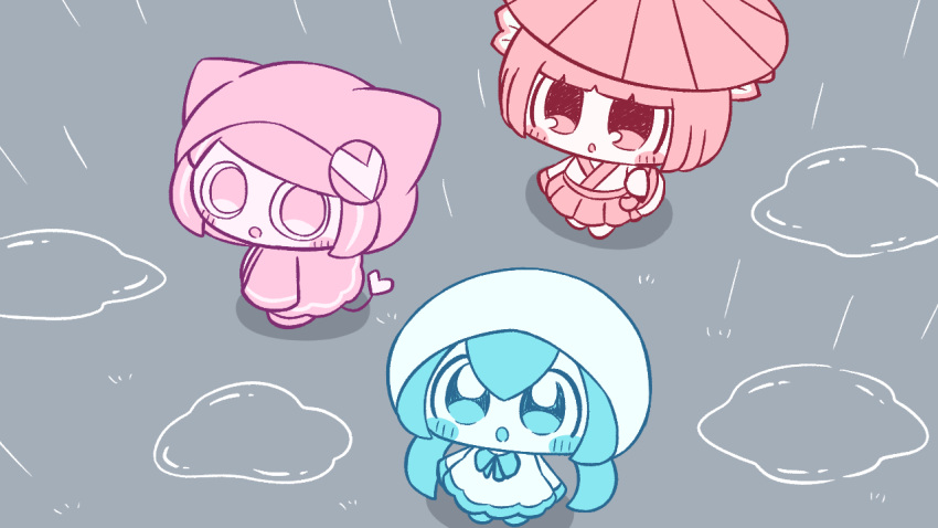 3girls, :o, amedama_(vocaloid), aqua_eyes, aqua_hair, aqua_leggings, aqua_ribbon, arms_at_sides