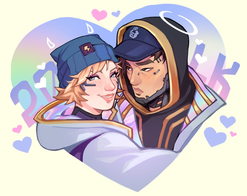 1boy, 1girl, apex_legends, baseball_cap, beanie, black_eyes, black_hoodie, blue_headwear