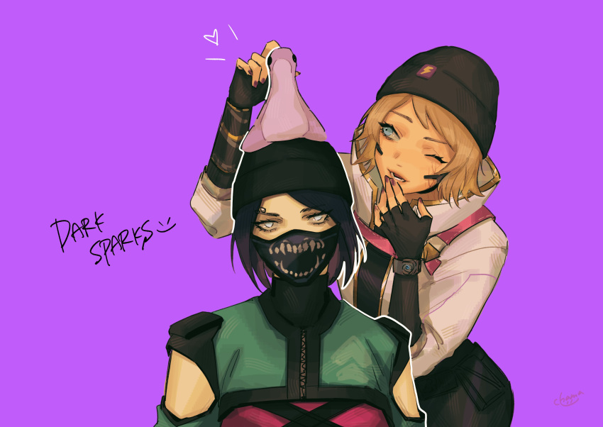 absurdres, animification, apex_legends, beanie, black_bodysuit, black_gloves, black_hair, black_headwear, blonde_hair, blue_eyes, bodysuit, electric_incognito_wattson, eyebrow_piercing, fingerless_gloves, gloves, haji_(haji07lo), hat, head_tilt, heart, highres, jacket, looking_at_viewer, looking_to_the_side, nail_polish, official_alternate_costume, one_eye_closed, piercing, pink_bodysuit, portrait, punk_phaser_wraith, purple_nails, scar, scar_on_cheek, scar_on_face, short_hair, shrug_(clothing), simple_background, violet_eyes, wattson_(apex_legends), white_jacket, wraith_(apex_legends)