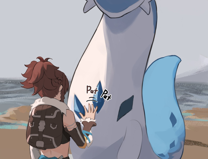 1girl, backpack, bag, beach, braid, brown_hair, chillet, cropped_shirt, detached_sleeves, english_text, from_behind, fur_collar, hand_up, hashtag_only_commentary, head_out_of_frame, high_ponytail, highres, ocean, outdoors, pal_(creature), palworld, patting, player_character_(palworld), shirt, sky, sleeveless, sleeveless_shirt, standing, teasmacker, upper_body, white_sky