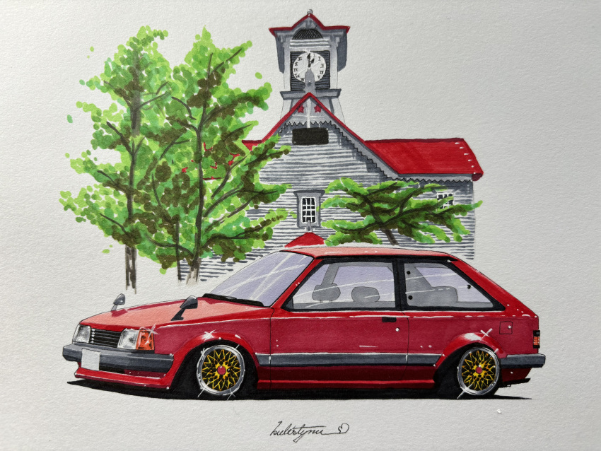 absurdres, car, church, from_side, glint, highres, kulistynu, mazda