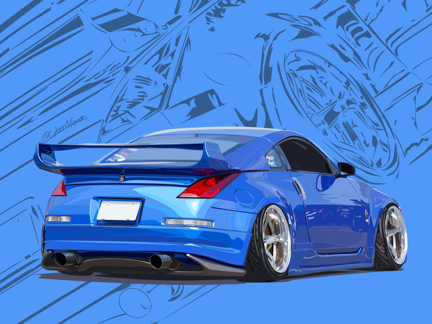 absurdres, blue_theme, car, commission, cybernipper, from_behind, highres, motor_vehicle