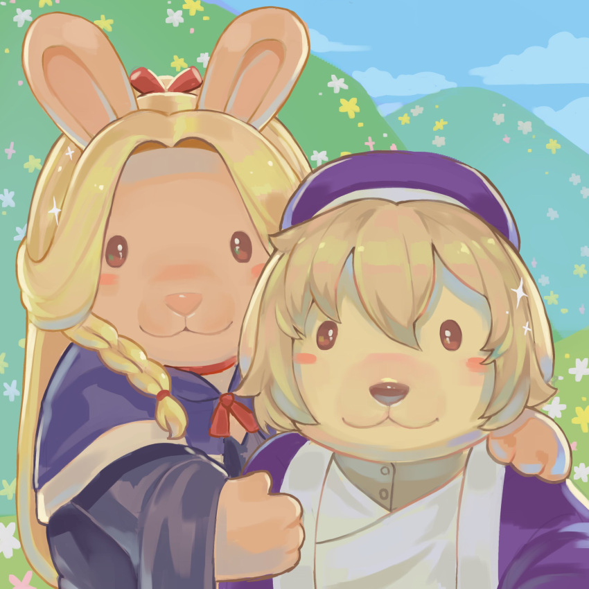 2girls, animalization, blonde_hair, blue_sky, braid, clouds, day, dungeon_meshi