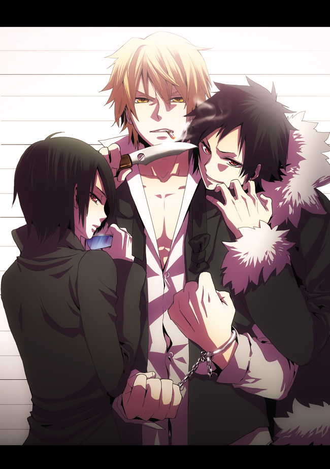 bad_id, black_hair, blonde_hair, cigarette, cuffs, durarara!!, handcuffs, heiwajima_kasuka, heiwajima_shizuo, hug, hug_from_behind, knife, looking_back, multiple_boys, orihara_izaya, switchblade, yellow_eyes, yupopo_(hidame)
