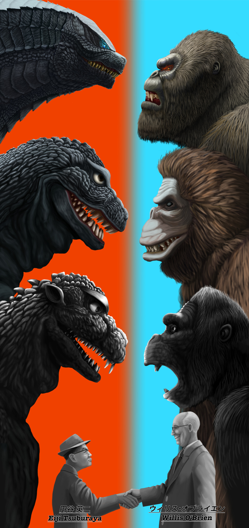 2boys, absurdres, animal, ape, character_request, copyright_request, crossover, dinosaur