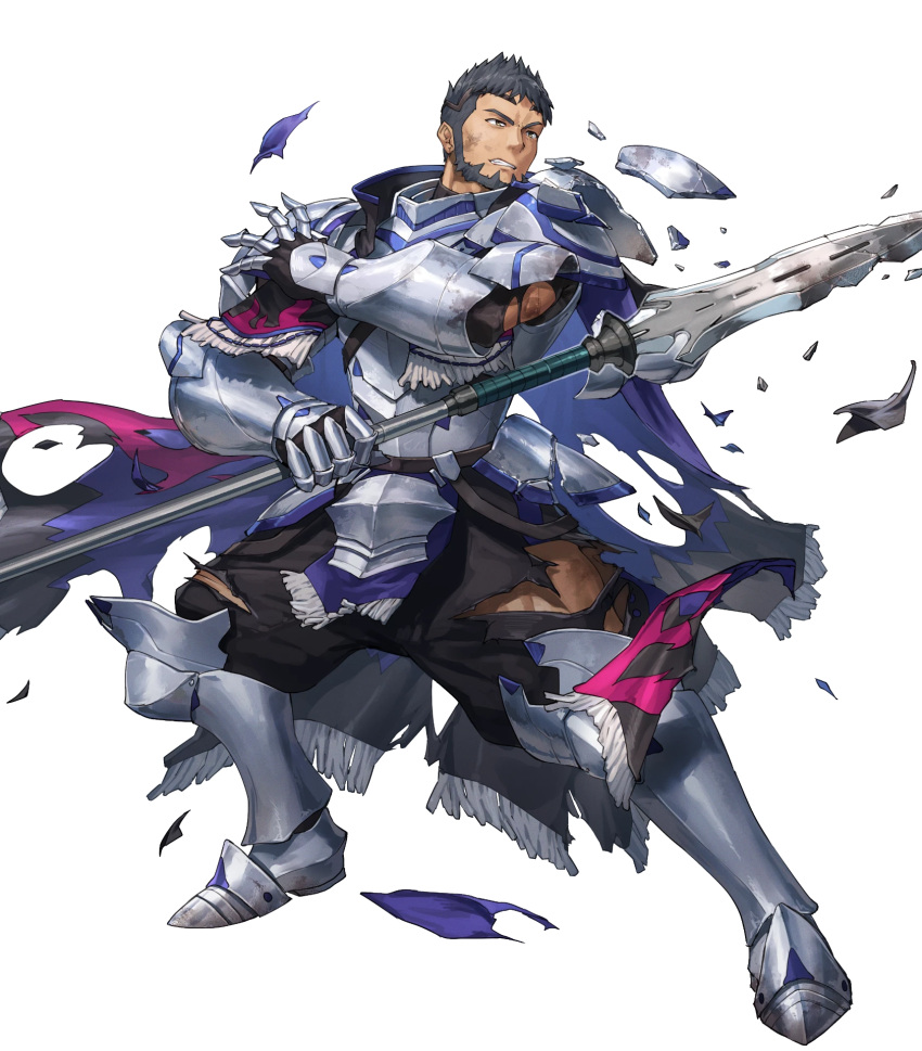 1boy, armor, beard, black_cape, black_hair, blue_cape, broken_armor, cape