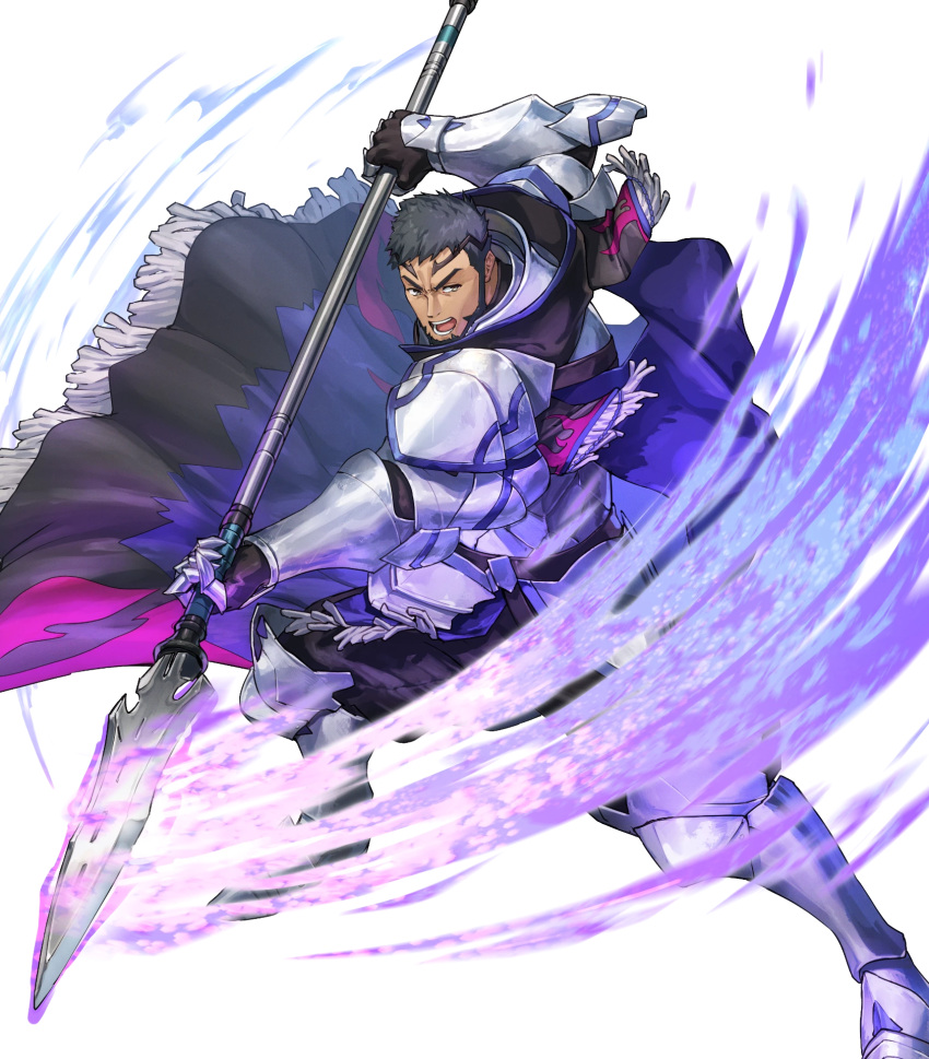 1boy, armor, attack, beard, black_cape, black_hair, blue_cape, cape