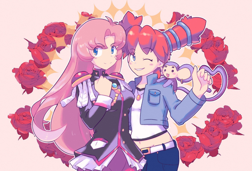 2girls, belt, blue_eyes, breasts, closed_mouth, crossover, denim, flower