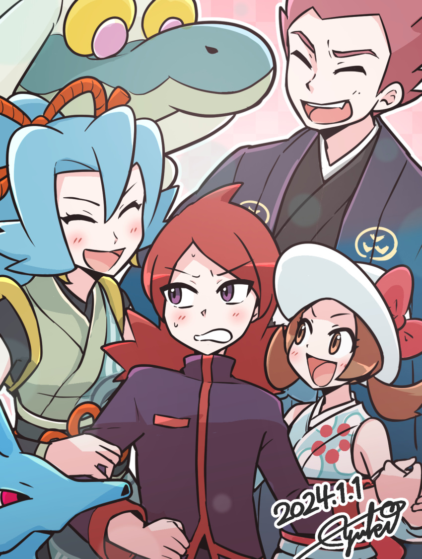 2boys, 2girls, blindfold, blue_hair, brown_eyes, clair_(new_year's_2024)_(pokemon), clair_(pokemon), closed_eyes