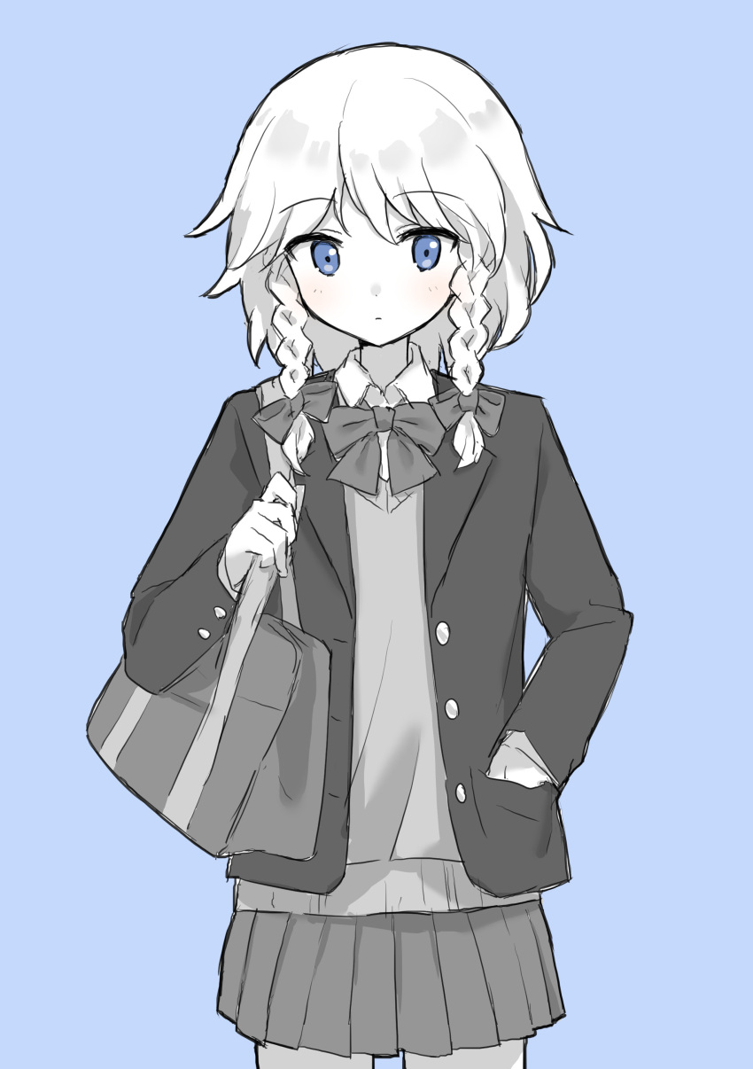 144udy, 1girl, absurdres, alternate_costume, bag, black_jacket, blazer, blue_eyes