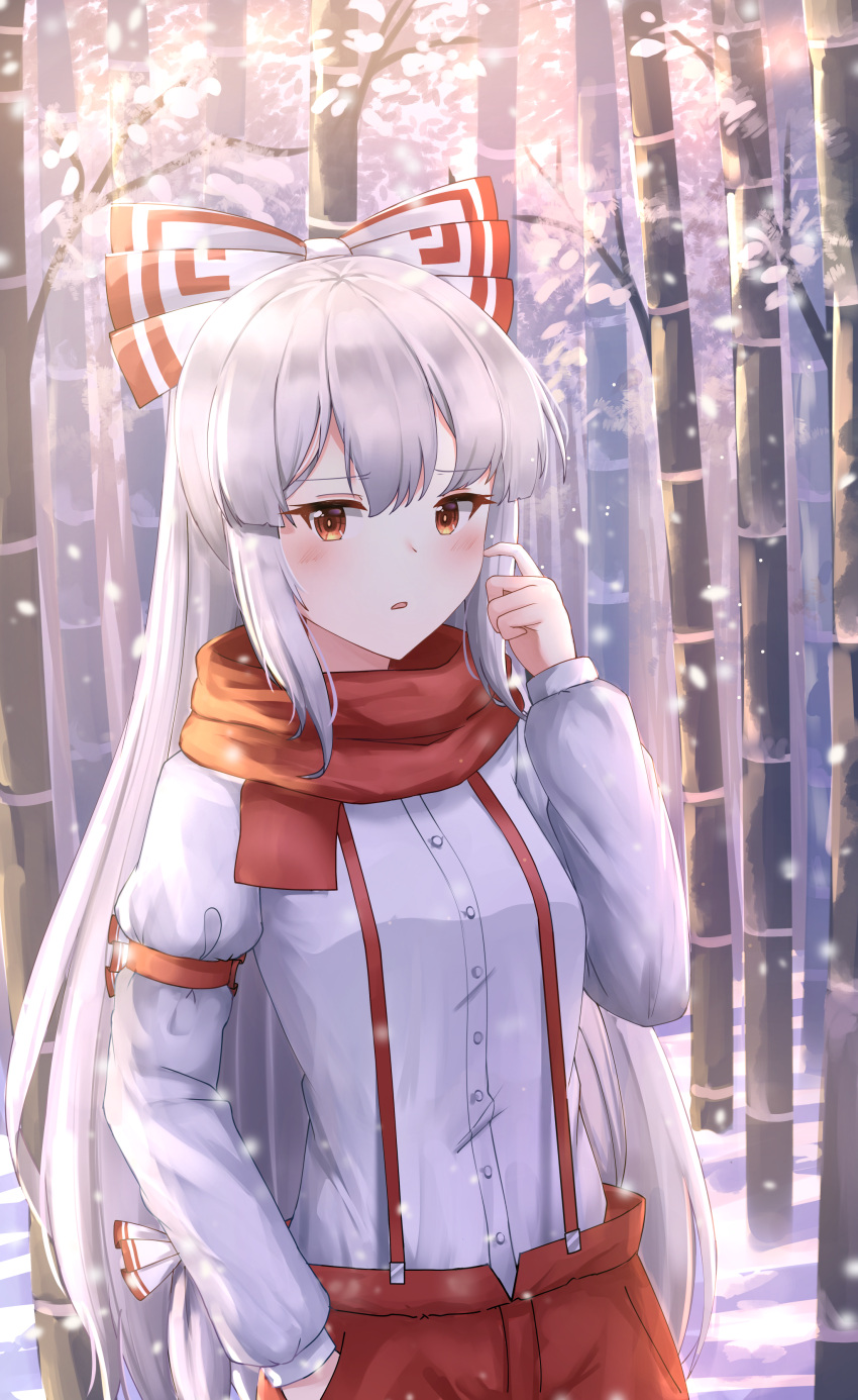 1girl, absurdres, bamboo, bamboo_forest, blush, bow, buttons, commentary