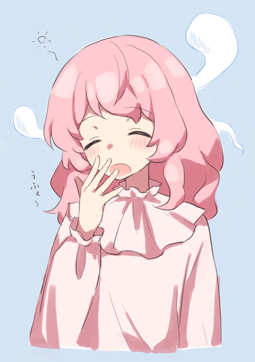 144udy, 1girl, absurdres, blue_background, blush, closed_eyes, cropped_torso, dress