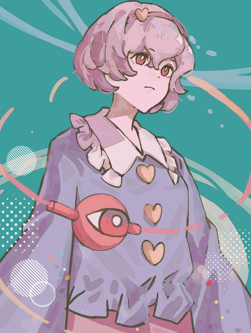 1girl, aojirozame1228, blue_shirt, bright_pupils, circle, closed_mouth, crossed_bangs, expressionless, frilled_shirt, frills, green_background, hair_between_eyes, hairband, heart, highres, komeiji_satori, long_sleeves, pink_skirt, polka_dot, purple_hair, red_eyes, red_hairband, satori_day, shirt, short_hair, skirt, solo, third_eye, touhou, upper_body, white_pupils