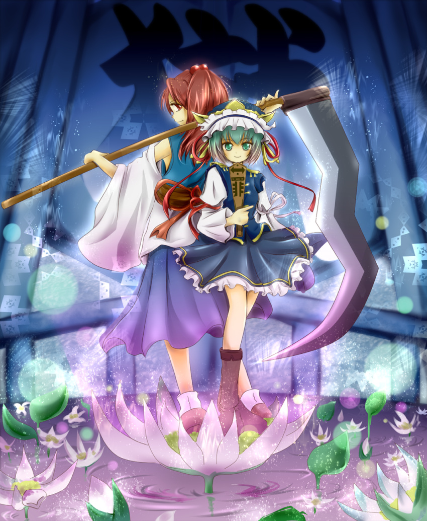 alternate_hairstyle, aqua_eyes, aqua_hair, back-to-back, flower, gradient_hair, green_hair, hair_bobbles